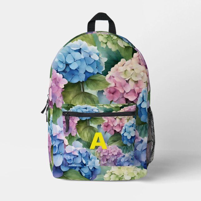 Personalised Monogram Hydrangea Flower Backpac Printed Backpack (Front)