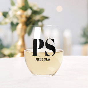 Personalised Monogram Initial Custom Name Stemless Wine Glass