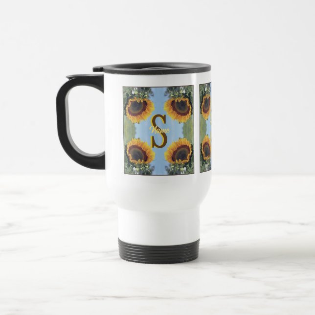 Personalised Monogram Initial Name Sunflower Art Travel Mug (Left)