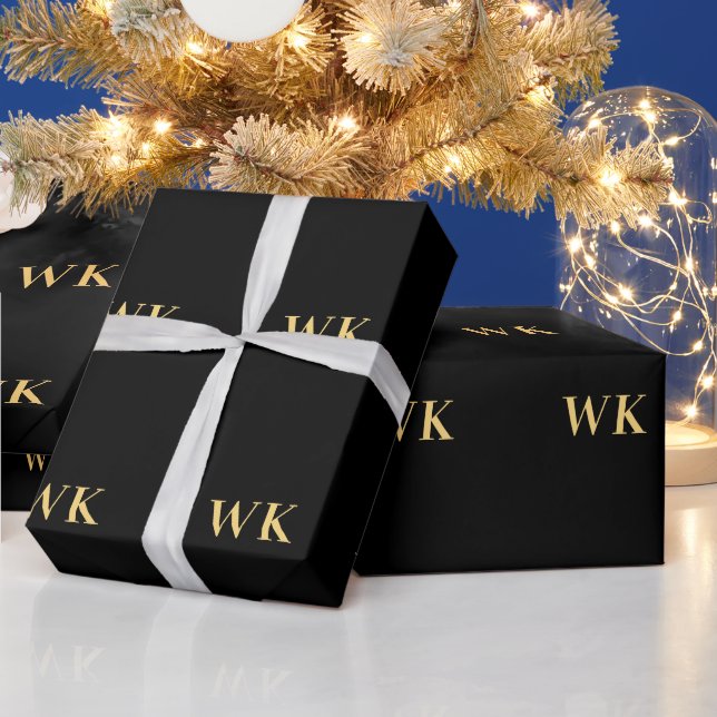 Personalised Monogram Initials Black and Gold Wrapping Paper (Holidays)