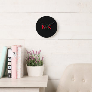 Personalised Monogram Initials Modern Black Red Round Clock