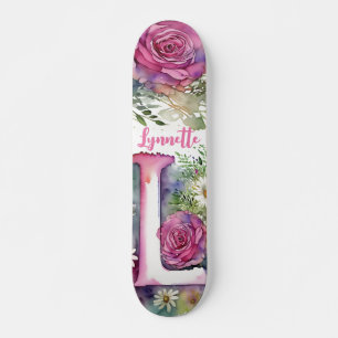Personalised Monogram L Colourful Watercolor Flowe Skateboard
