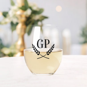 Personalised monogram laurel crest wreath logo stemless wine glass