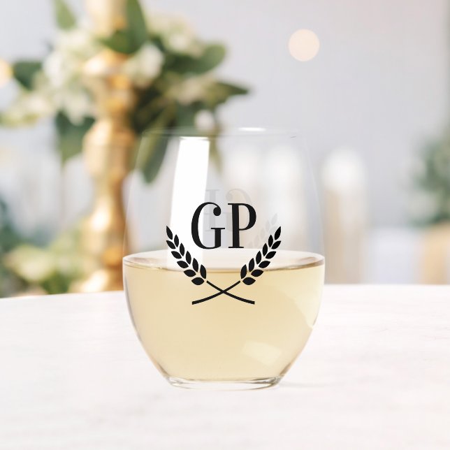 Personalised monogram laurel crest wreath logo stemless wine glass (Insitu (Wedding))