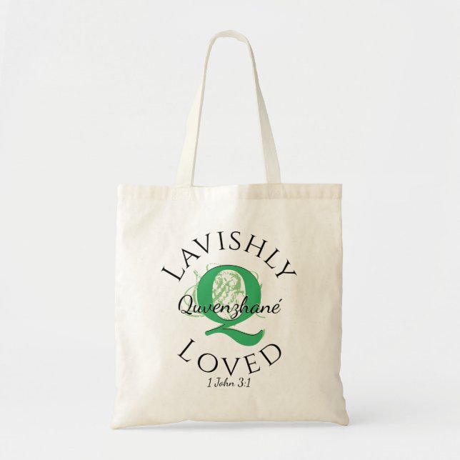 Personalised Monogram LAVISHLY LOVED Green Q Tote Bag (Front)