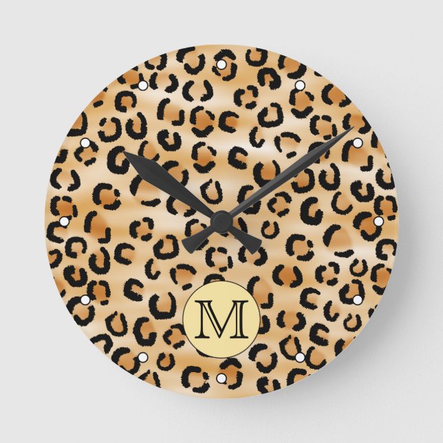 Personalised Monogram Leopard Print Pattern. Round Clock (Front)