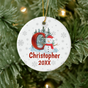 Personalised Monogram Letter C Snowman Christmas Ceramic Tree Decoration