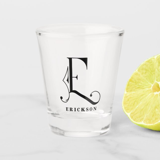 Personalised Monogram Letter E with Last Name Shot Glass (Front)