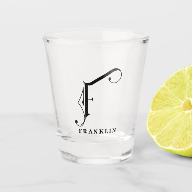 Personalised Monogram Letter F with Last Name Shot Glass (Front)