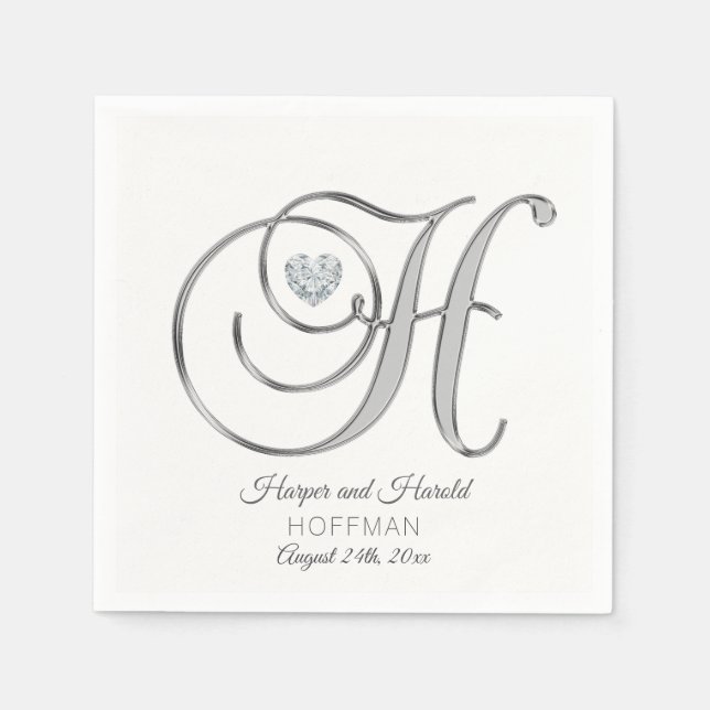 Personalised Monogram Letter H Silver Wedding Napkin (Front)