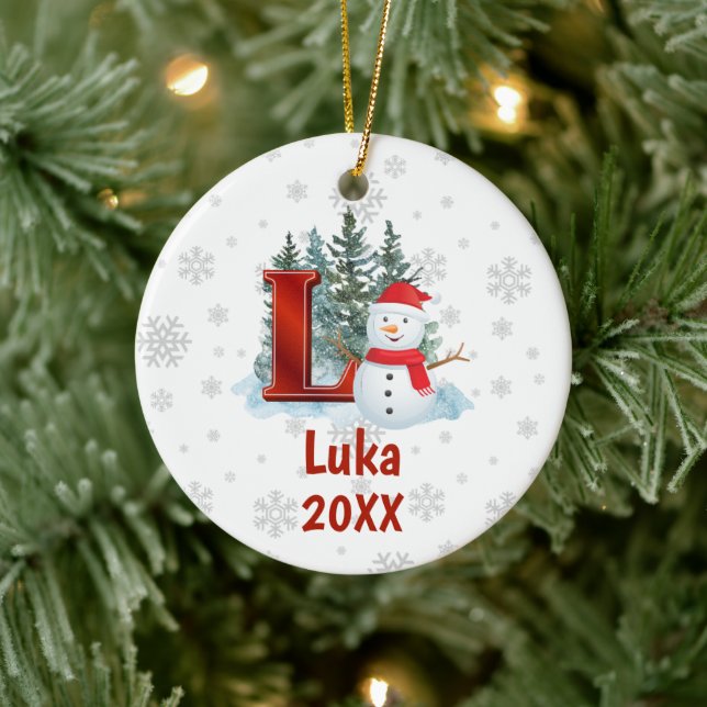 Personalised Monogram Letter L Snowman Christmas Ceramic Tree Decoration (Tree)