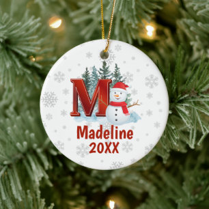 Personalised Monogram Letter M Snowman Christmas Ceramic Tree Decoration