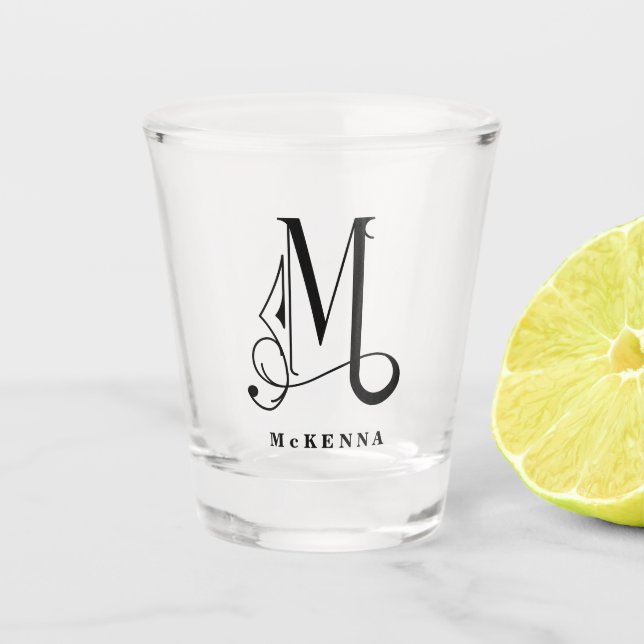 Personalised Monogram Letter M with Last Name Shot Glass (Front)