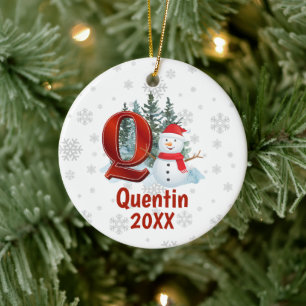 Personalised Monogram Letter Q Snowman Christmas Ceramic Tree Decoration