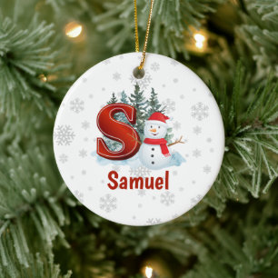Personalised Monogram Letter S Snowman Christmas Ceramic Tree Decoration