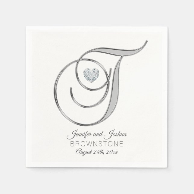 Personalised Monogram Letter T Silver Wedding Napkin (Front)