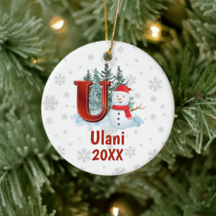 Personalised Monogram Letter U Snowman Christmas Ceramic Tree Decoration