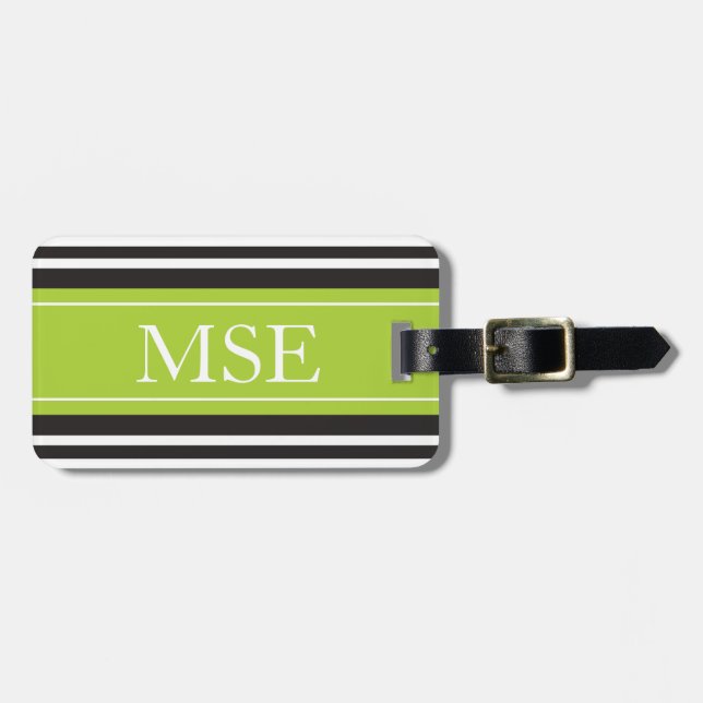 Personalised Monogram Lime Black Stripes Pattern Luggage Tag (Front Horizontal)
