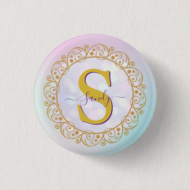 Personalised Monogram Mandala Gold and Blue 3 Cm Round Badge (Front)