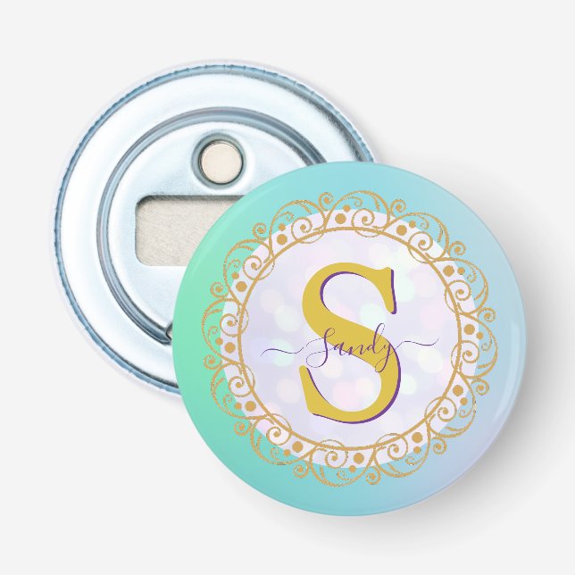 Personalised Monogram Mandala Gold and Blue Bottle Opener (Front)