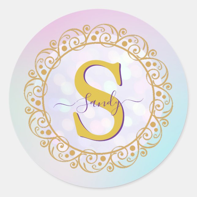 Personalised Monogram Mandala Gold and Blue Classic Round Sticker (Front)