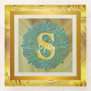 Personalised Monogram Mandala Gold and Blue Glass Coaster