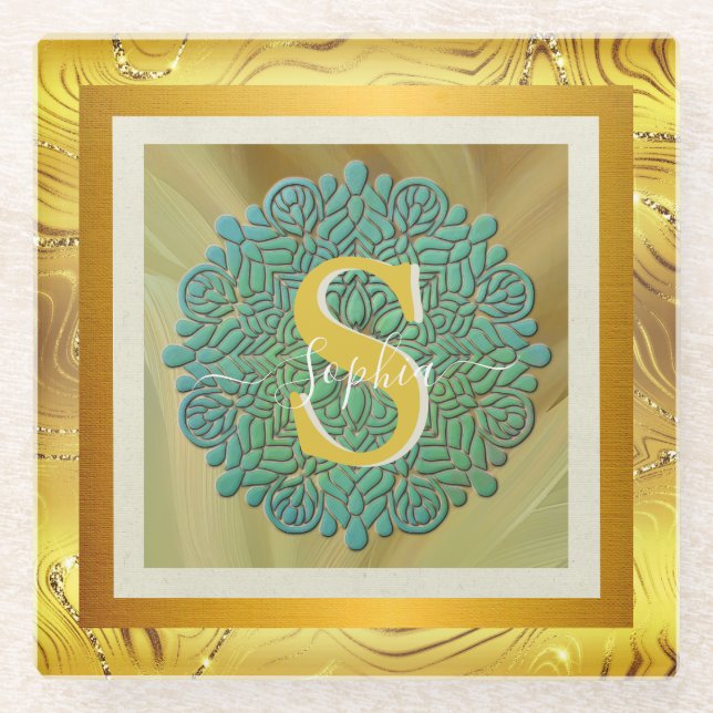 Personalised Monogram Mandala Gold and Blue Glass Coaster (Front)