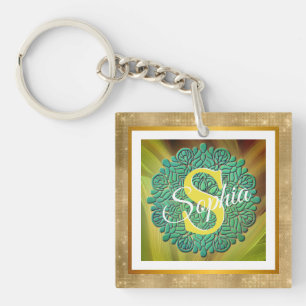 Personalised Monogram Mandala Gold and Blue Key Ring