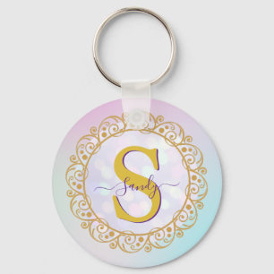 Personalised Monogram Mandala Gold and Blue Key Ring
