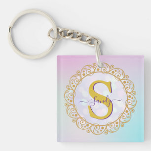 Personalised Monogram Mandala Gold and Blue Key Ring