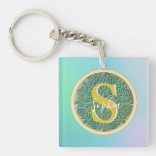 Personalised Monogram Mandala Gold and Blue Key Ring