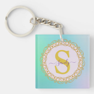 Personalised Monogram Mandala Gold and Blue Key Ring
