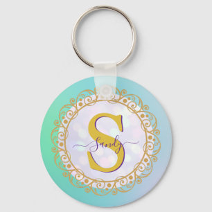Personalised Monogram Mandala Gold and Blue Key Ring
