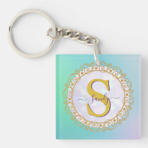 Personalised Monogram Mandala Gold and Blue Key Ring