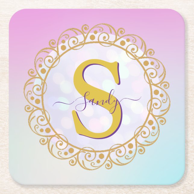 Personalised Monogram Mandala Gold and Blue Square Paper Coaster (Front)