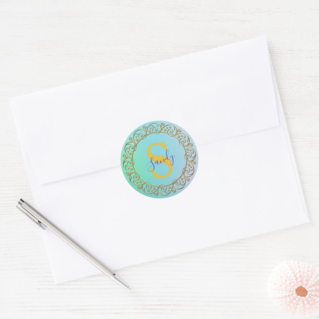 Personalised Monogram Mandala Gold and turquoise Classic Round Sticker (Envelope)