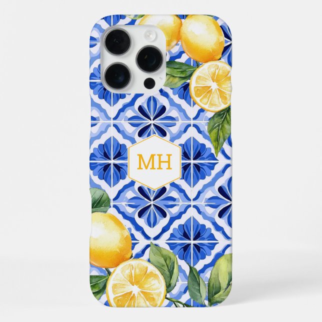 Personalised Monogram Mediterranean Yellow Lemons iPhone Case (Back)