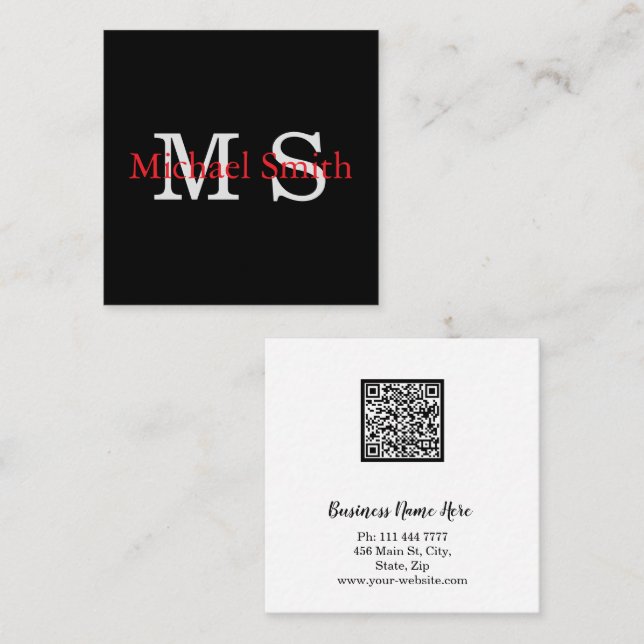 Personalised Monogram Minimalist B&W QR Code  Square Business Card (Front/Back)