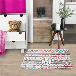 Personalised Monogram Mint Aztec Floral Pattern Bath Mat