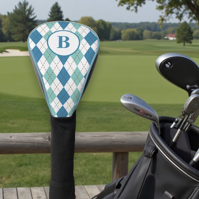 Personalised Monogram Modern Teal Argyle Pattern Golf Head Cover (Creator Uploaded)