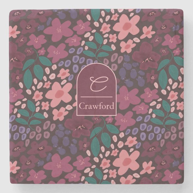 Personalised Monogram Moody Floral Stone Coaster (Front)