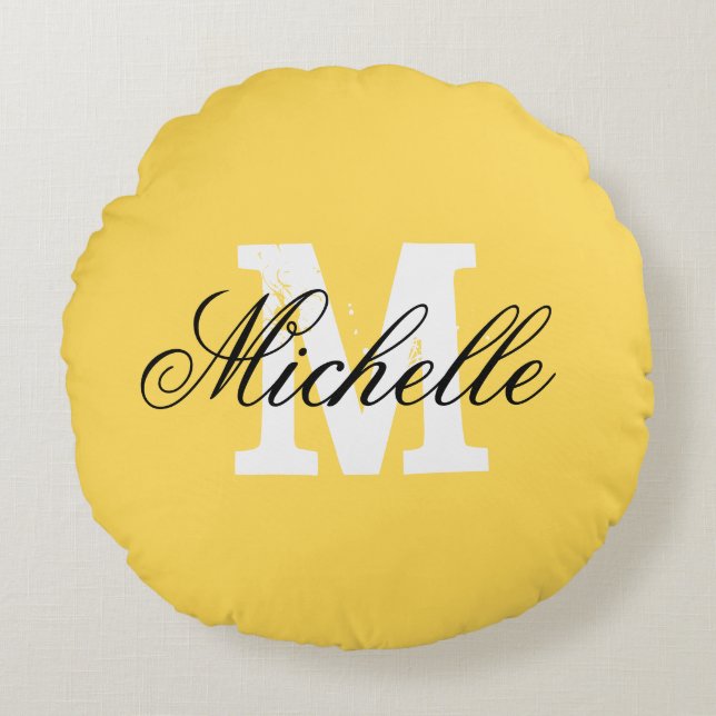 Personalised monogram mustard yellow round throw cushion (Front)