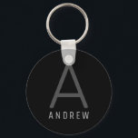 Personalised Monogram Name Black Grey Key Ring<br><div class="desc">Modern elegant and understated masculine monogram initial and custom name on a personalised key chain in a classic minimal,  professional-looking sans-serif font for a simple and professional and modern look.</div>