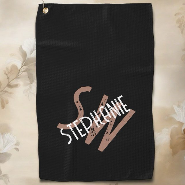 Personalised monogram name black white brown cool golf towel (Creator Uploaded)