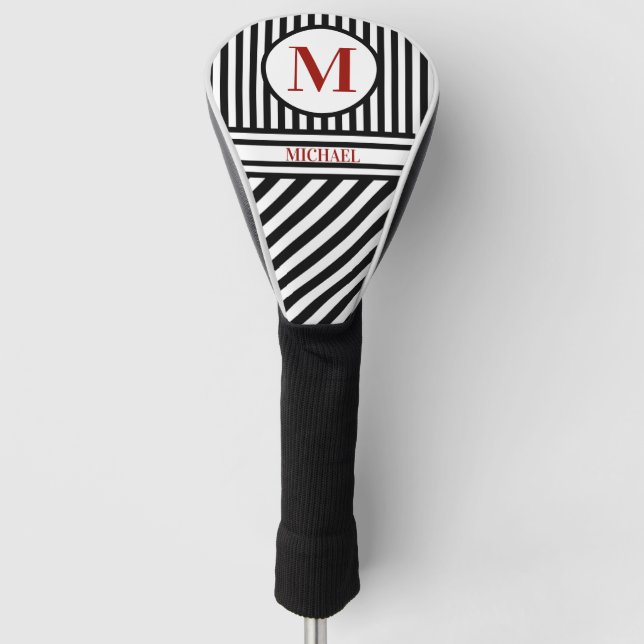 Personalised Monogram Name Black White Red Golf Head Cover (Front)