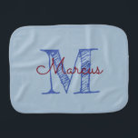 Personalised Monogram Name Blue Boy Burp Cloth<br><div class="desc">Monogrammed custom blue hand lettered initial and script name baby boy burp cloth. Add your baby's name and initial. You may also personalise for a girl's name too!</div>