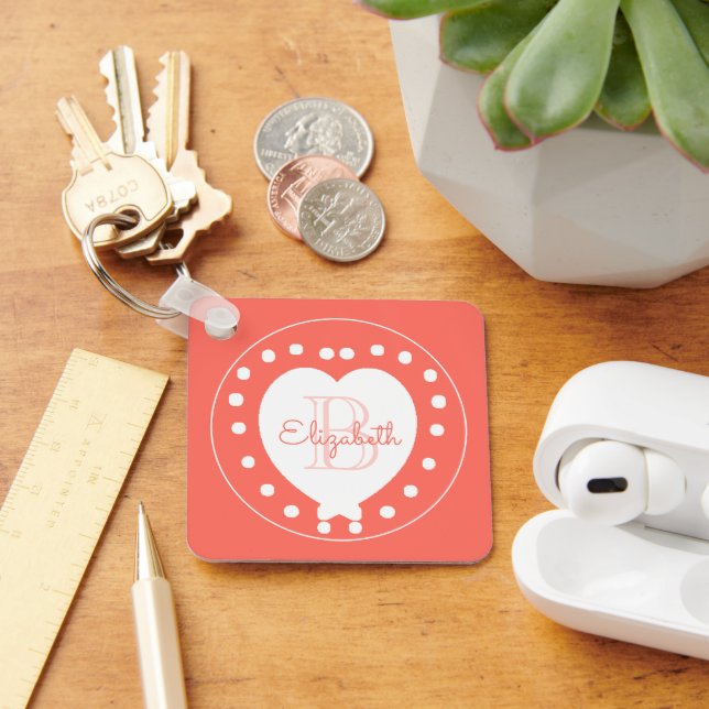 Personalised Monogram Name Coral White Heart  Key Ring (Desk)