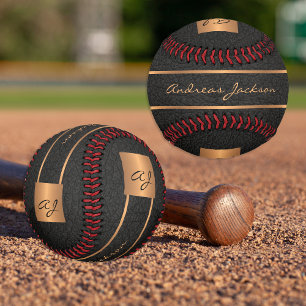 Personalised monogram name modern black gold baseball