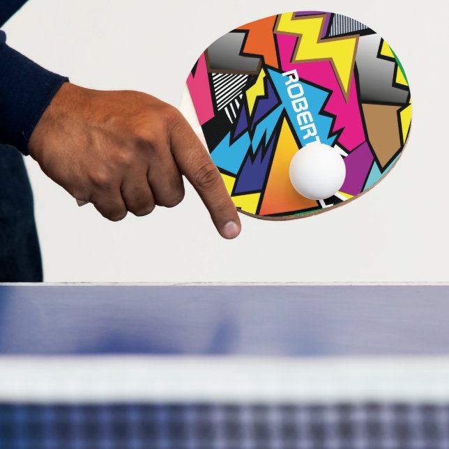 Personalised Monogram Name Modern Colourful Comic Ping Pong Paddle (Insitu)