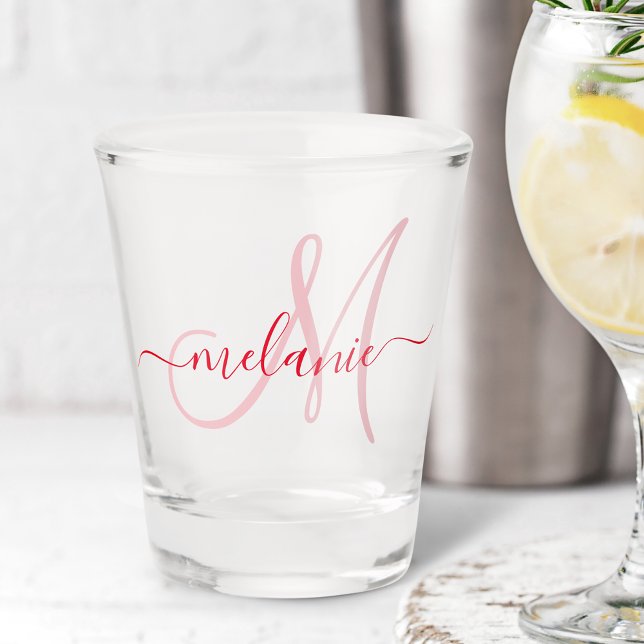 Personalised Monogram Name Modern Handwriting Red Shot Glass (Creator Uploaded)